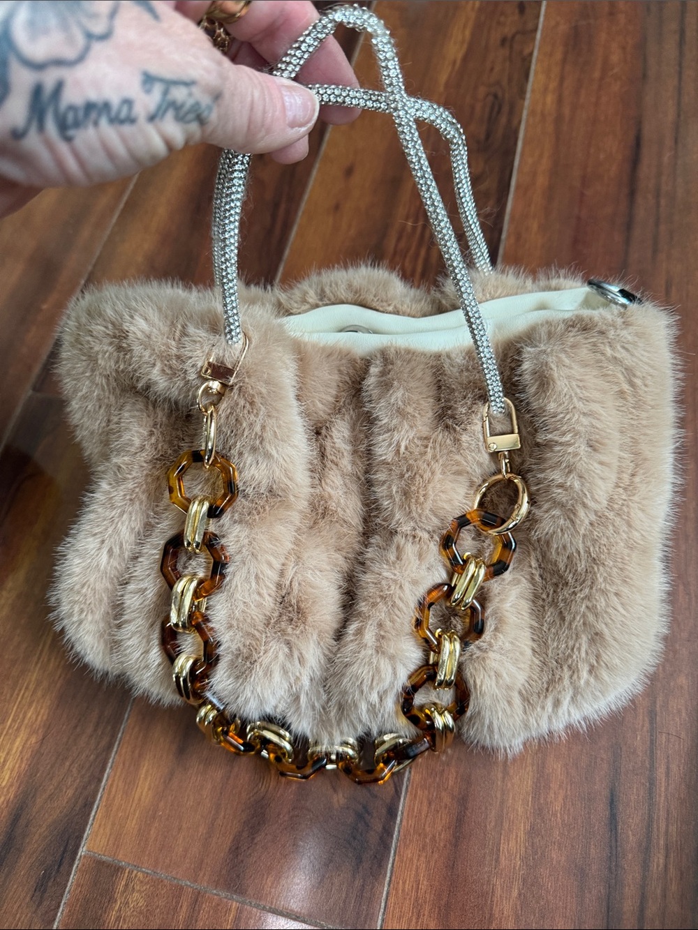 Source Unknown Faux Fur Mini Bag with Tortoiseshell Chain - Beige